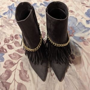 Grey Stiletto Boots with gold chain and fringe